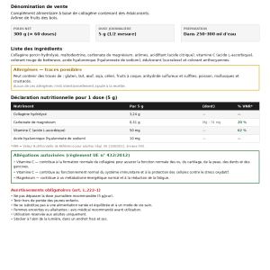 Étiquette française : composition et valeurs nutritionnelles Biogenic Collagène Hydrolysé 300g