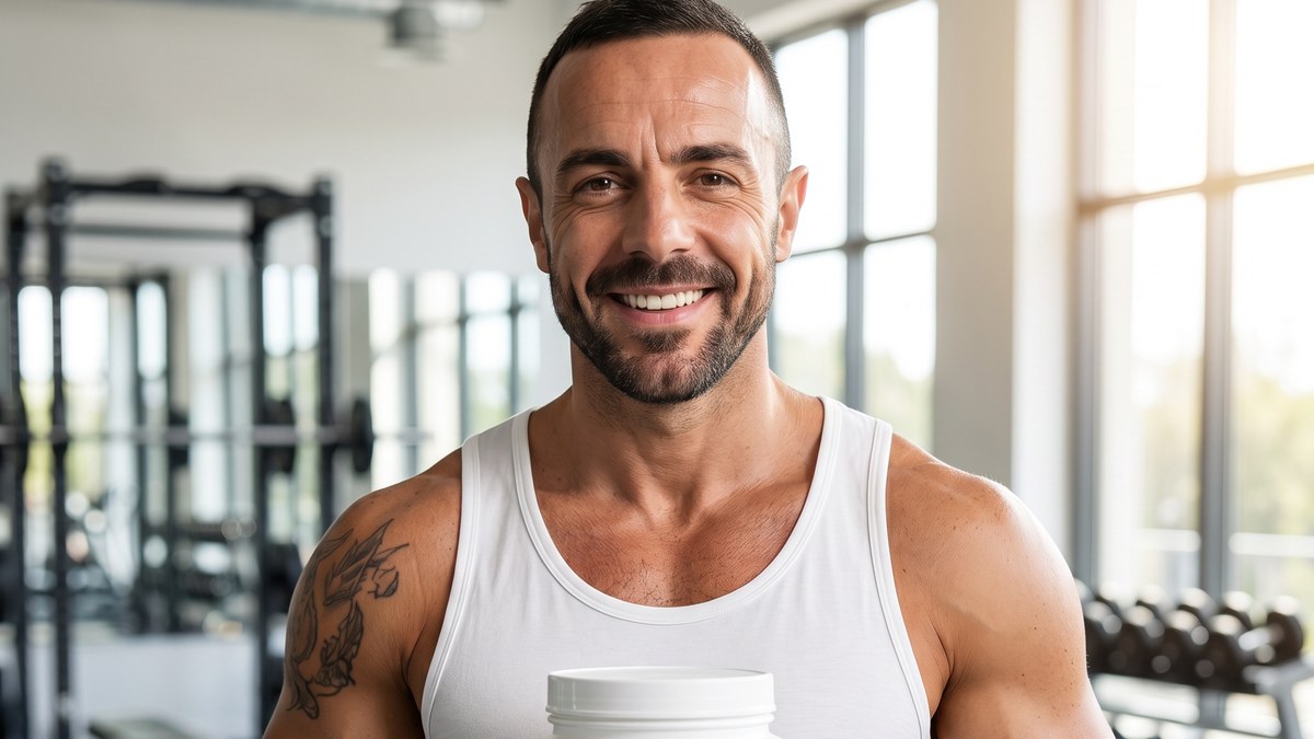 Sportif buvant un shaker de protéine en salle - prise de masse whey ou gainer à La Réunion
