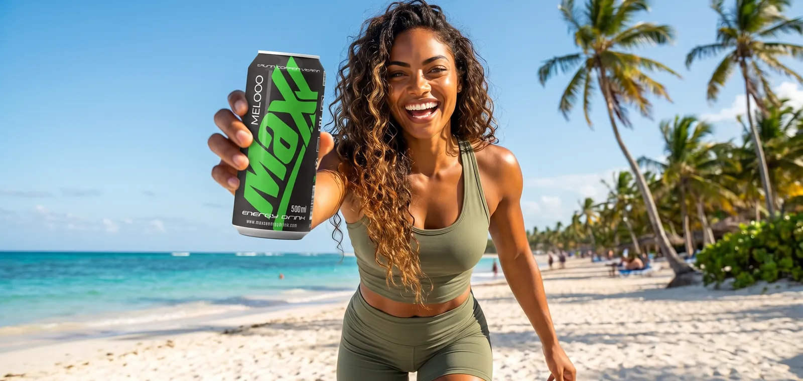 Sportive avec une boisson énergétique sur une plage de La Réunion