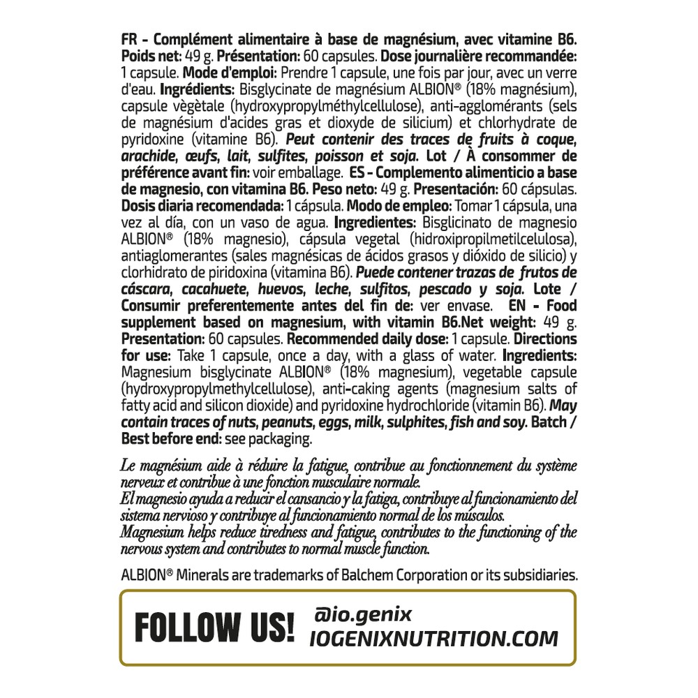 iO.Genix Bisglycinate de Magnésium Albion – 60 gélules – étiquette au dos iO.Genix Bisglycinate de Magnésium Albion - 60 gélules – étiquette au dos