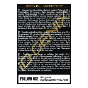 iO.Genix Caféine 200 mg - 100 gélules – étiquette au dos