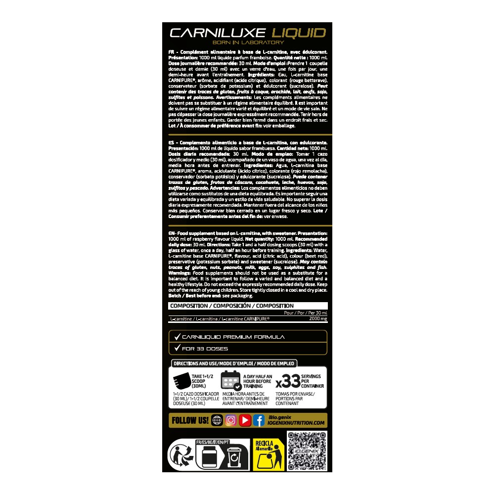iO.Genix Carniluxe L-Carnitine liquide 1 L – Framboise – étiquette au dos iO.Genix Carniluxe L-Carnitine liquide 1 L - Framboise – étiquette au dos