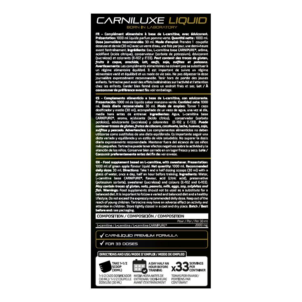 iO.Genix Carniluxe L-Carnitine liquide 1 L – Pomme verte – étiquette au dos iO.Genix Carniluxe L-Carnitine liquide 1 L - Pomme verte – étiquette au dos