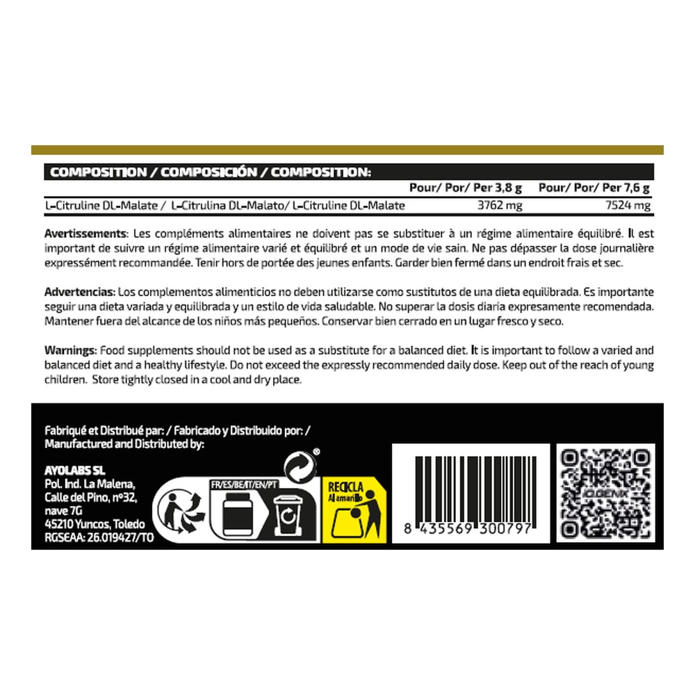iO.Genix Citrulline Malate 300 g – Neutre – étiquette au dos iO.Genix Citrulline Malate 300 g - Neutre – étiquette au dos