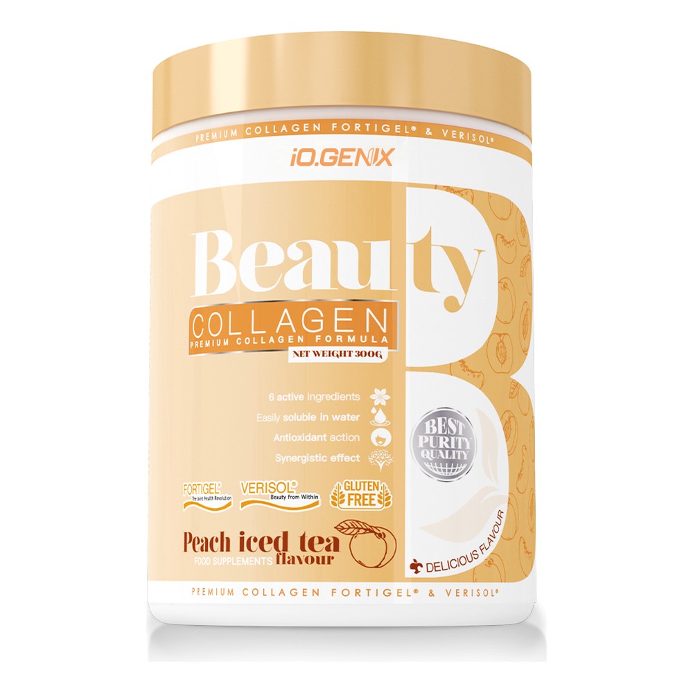 iO.Genix Collagène Beauté 300 g – Thé glacé pêche – face du produit iO.Genix Collagène Beauté 300 g - Thé glacé pêche – face du produit