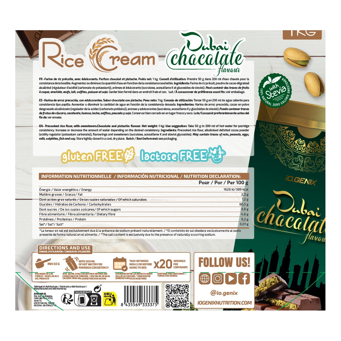 iO.Genix Crème de riz 1 kg – Chocolat Dubaï – étiquette au dos iO.Genix Crème de riz 1 kg - Chocolat Dubaï – étiquette au dos