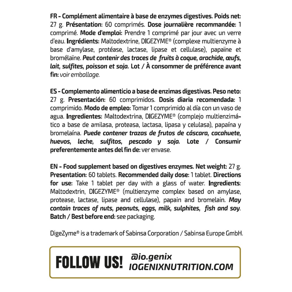 iO.Genix Enzymes digestives – 60 comprimés – étiquette au dos iO.Genix Enzymes digestives - 60 comprimés – étiquette au dos