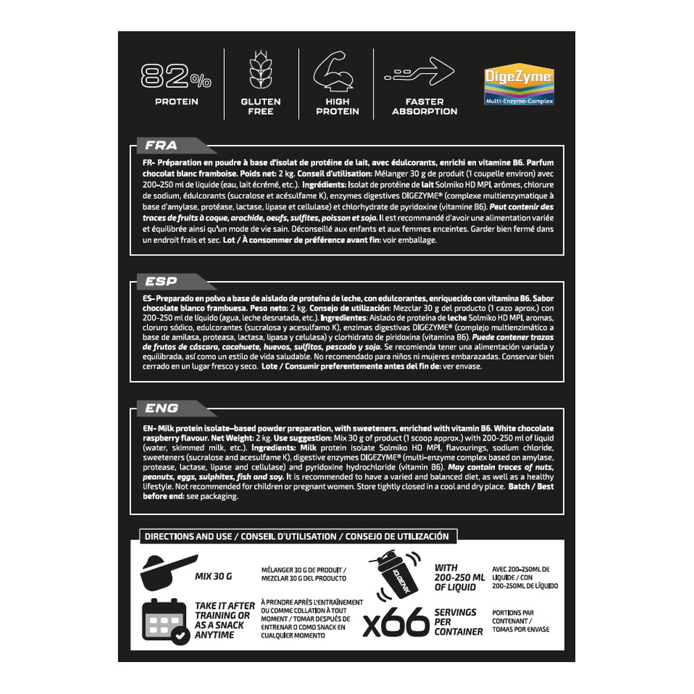 iO.Genix Isolat de protéines de lait 2 kg – Chocolat blanc framboise – étiquette au dos iO.Genix Isolat de protéines de lait 2 kg - Chocolat blanc framboise – étiquette au dos
