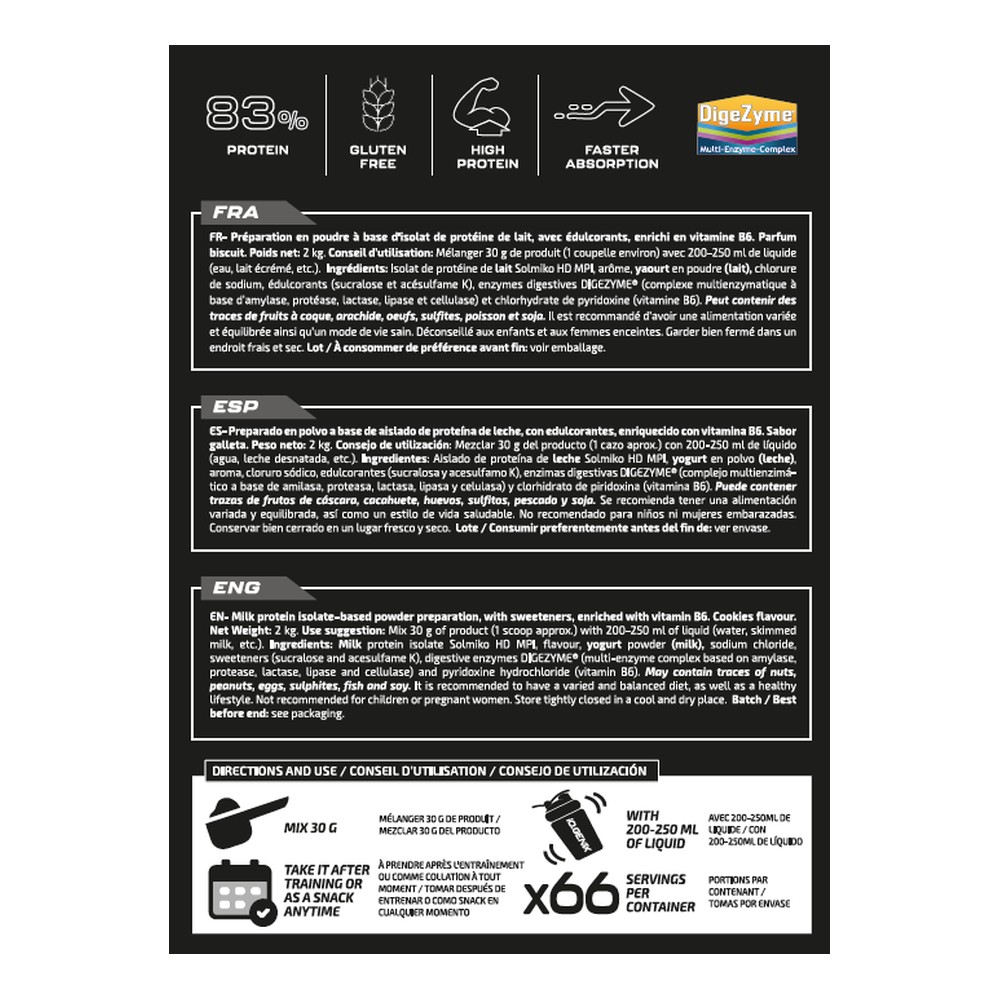 iO.Genix Isolat de protéines de lait 2 kg – Cookies – étiquette au dos iO.Genix Isolat de protéines de lait 2 kg - Cookies – étiquette au dos