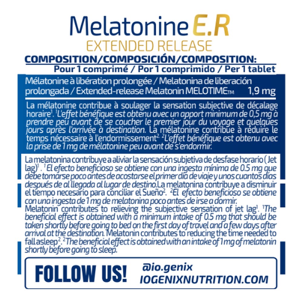 iO.Genix Mélatonine libération prolongée – 90 comprimés – tableau nutritionnel iO.Genix Mélatonine libération prolongée - 90 comprimés – tableau nutritionnel
