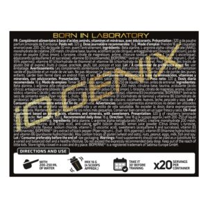 iO.Genix Pre-Work sans stimulant 320 g - Limonade framboise – étiquette au dos