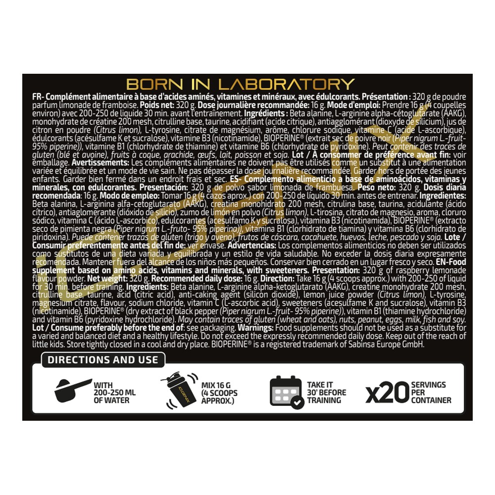 iO.Genix Pre-Work sans stimulant 320 g – Limonade framboise – étiquette au dos iO.Genix Pre-Work sans stimulant 320 g - Limonade framboise – étiquette au dos