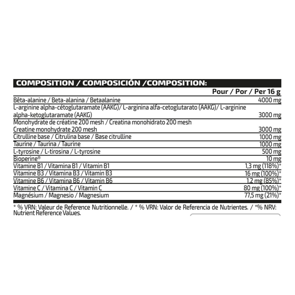 iO.Genix Pre-Work sans stimulant 320 g – Limonade framboise – tableau nutritionnel iO.Genix Pre-Work sans stimulant 320 g - Limonade framboise – tableau nutritionnel