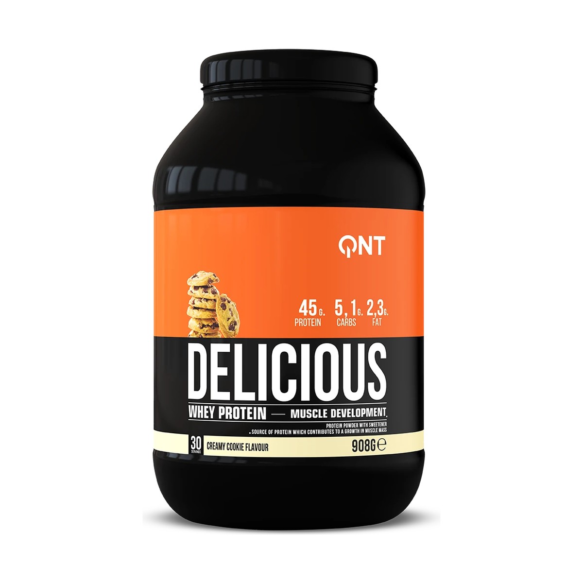 QNT Delicious Whey Protéine 908 g - Cookie crème QNT Delicious Whey Protéine 908 g - Cookie crème – face